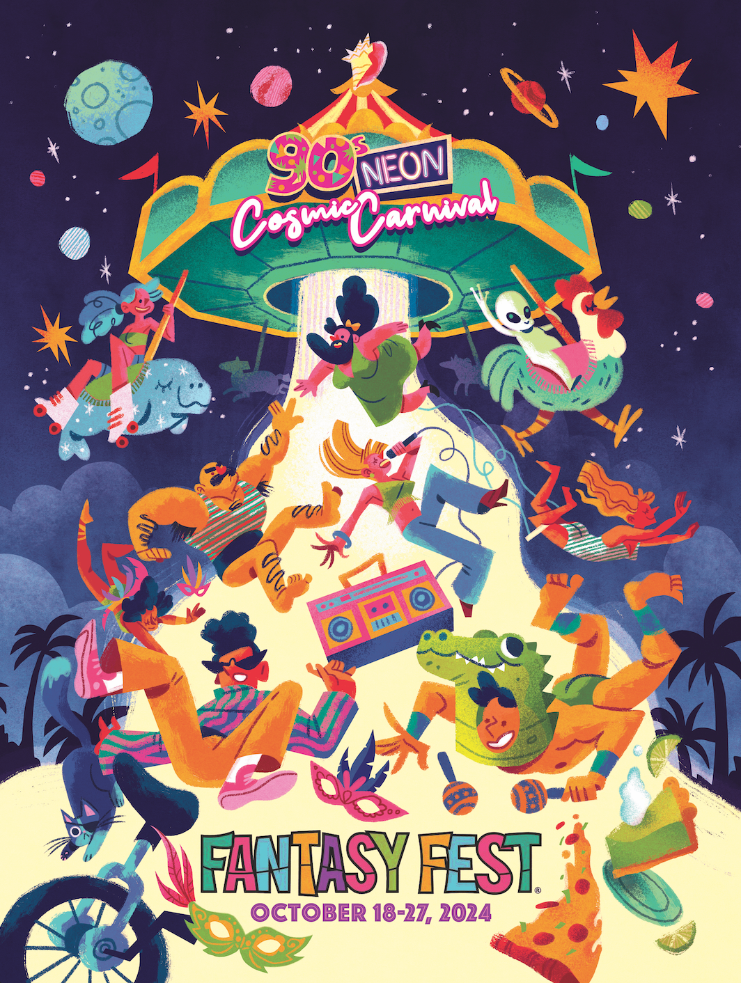 PRE-ORDER Official 2024 Fantasy Fest Poster by Theresa Chiechi "It's a 90s Neon Cosmic Carnival"