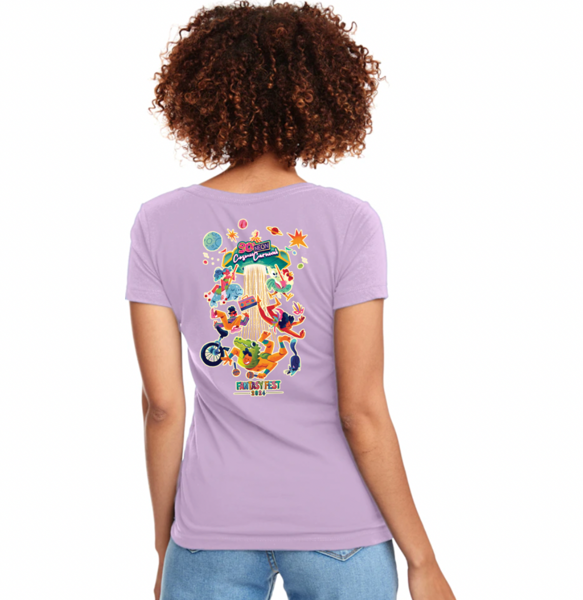 PRESALE 2024 Official Fantasy Fest Ladies V-Neck 90s Neon Cosmic Carnival-Lilac