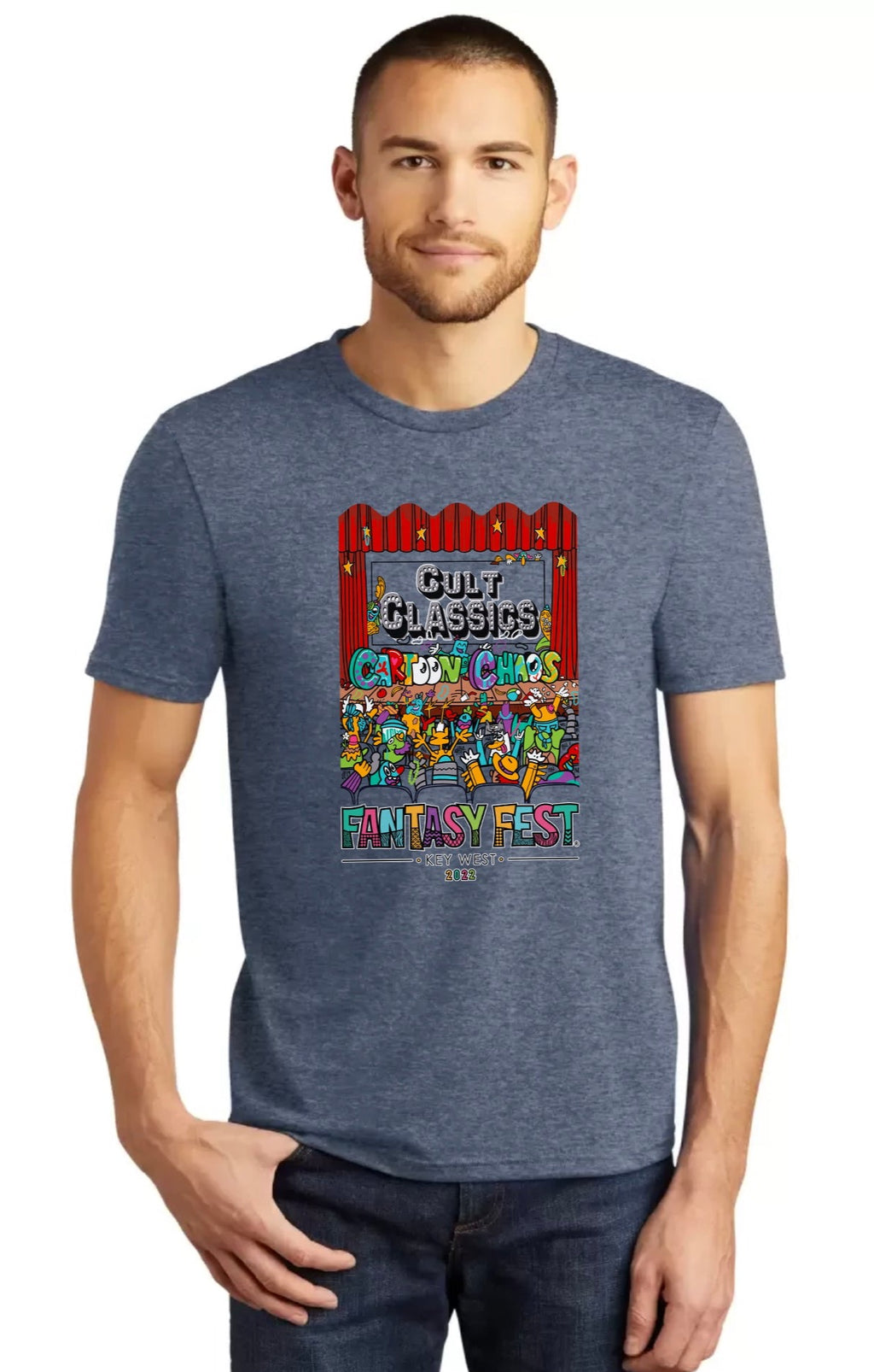 Official 2022 Fantasy Fest T-Shirt: Cult Classics & Cartoon Chaos - Navy Frost