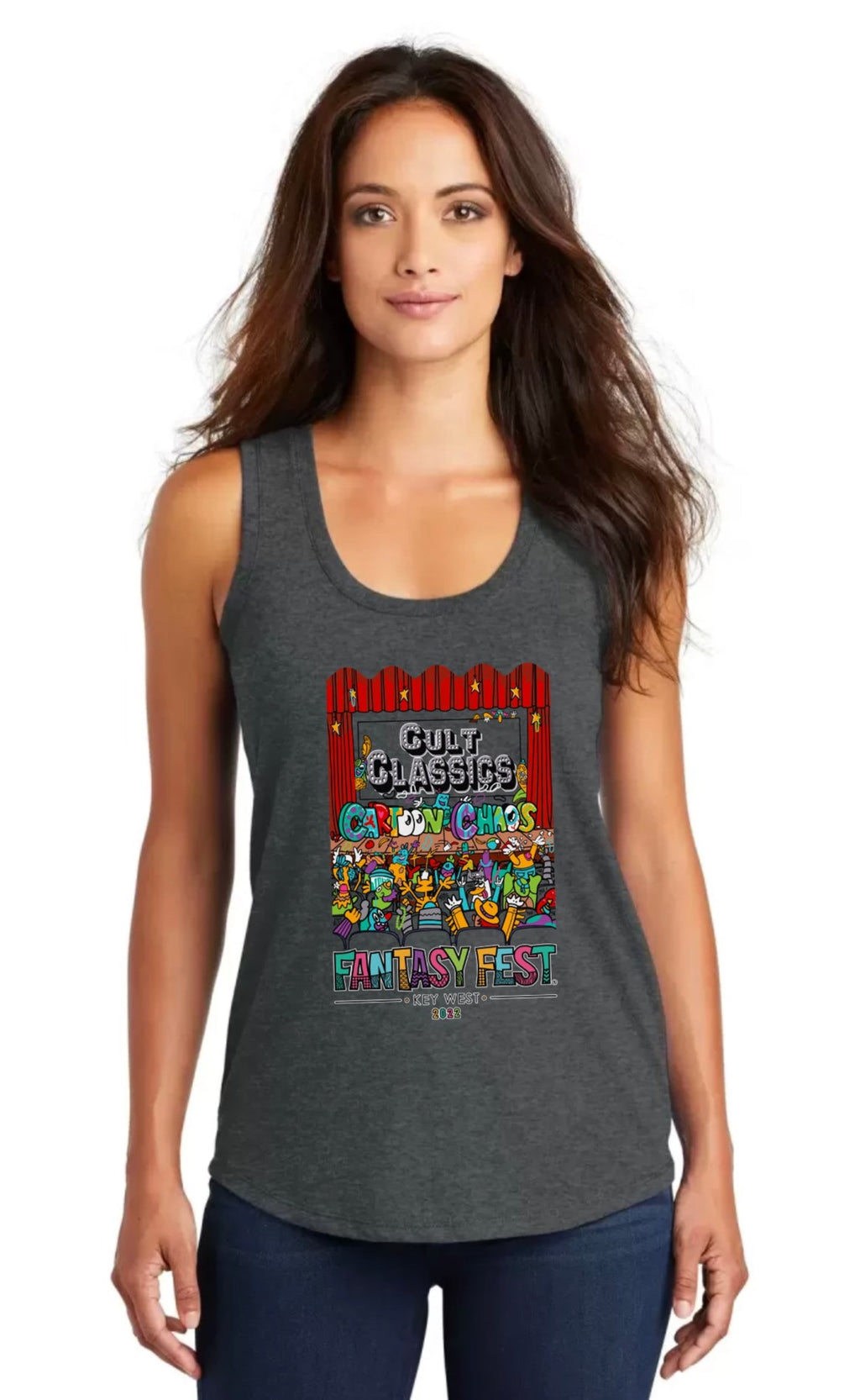 Official 2022 Fantasy Fest Ladies Racerback Tank: Cult Classics & Cartoon Chaos - Heather Charcoal
